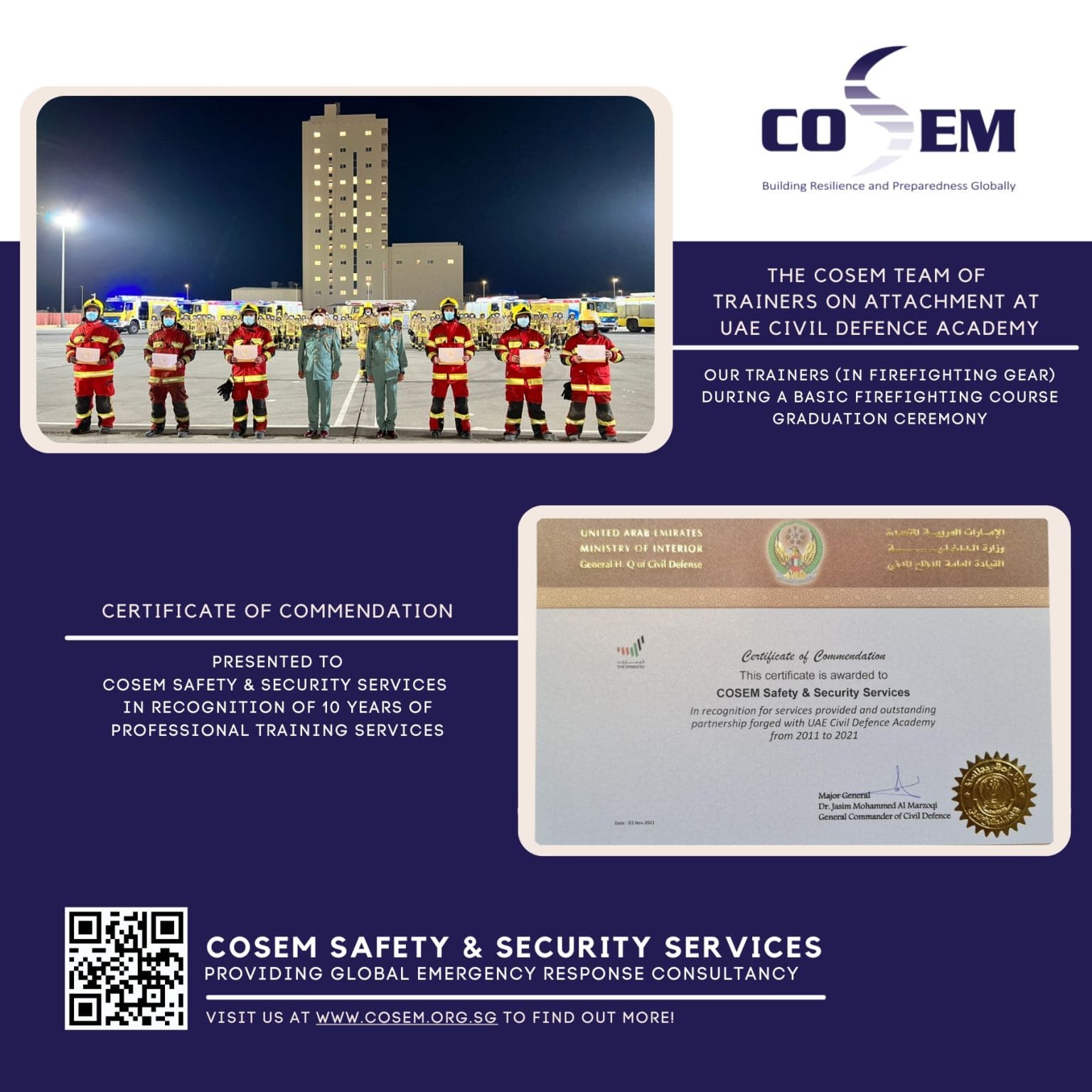 COSEM Safety & Security Services receives a Certificate of Commendation from UAE Civil Defence