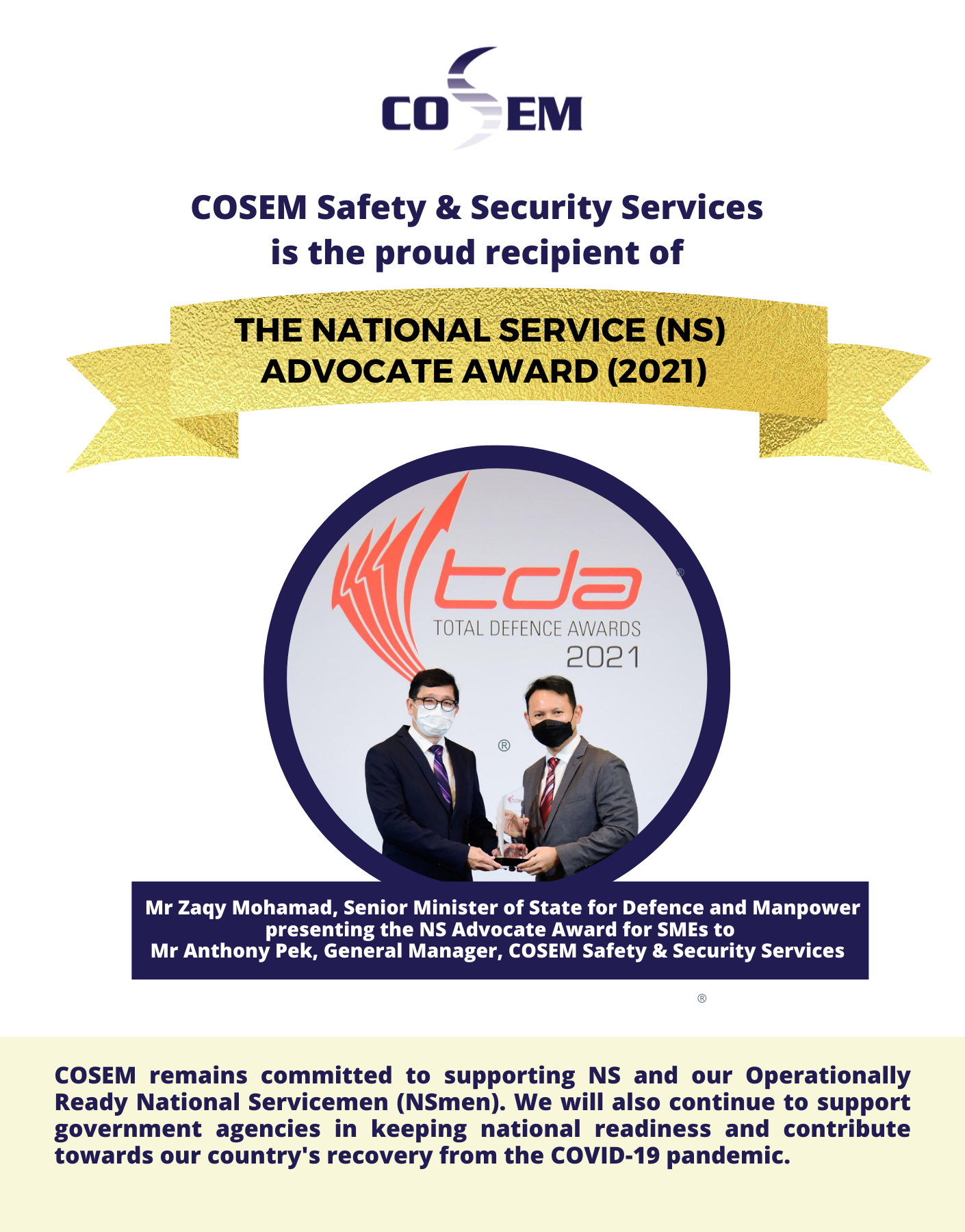 COSEM Safety & Security Services has been conferred the prestigious National Service (NS) Advocate Award (2021) 